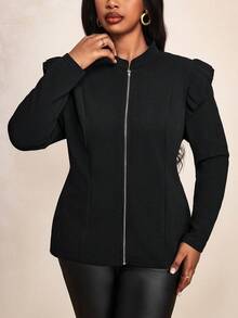 Truni 1pc Women's Plus Size Simple Shiny Print Front Open Jacket, Suitable For Autumn And Winter,Halloween&New Year& Charistmas Clothes Fall, For Pear & Triangle Body Shape - Black - View 7