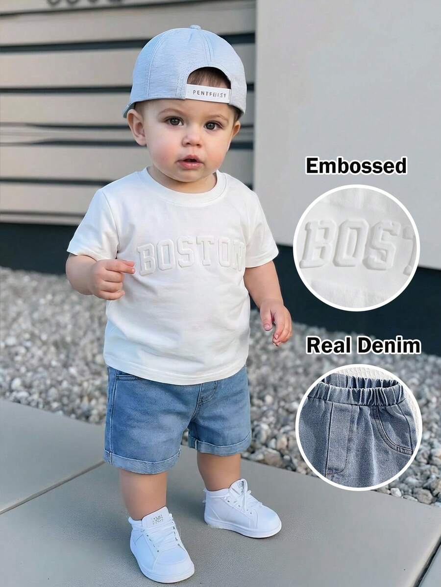 Bubblio 2件套男婴可爱卡通印花针织短袖T恤和弹力腰蓝色牛仔短裤套装，夏季 - 彩色 - 查看 1