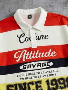 Manfinity ZONE917 宽松短款粗条纹撞色多标语POLO衫，版型宽松，适合约会和聚会，送给男朋友的绝佳礼物 - 彩色 - 查看 2