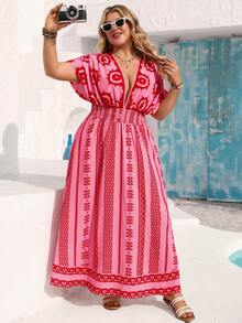 Vivid Eden Plus Size Deep V-Neck Allover Print Casual Vacation Short Sleeve Maxi Dress,Pink Summer Boho Holiday Vacation Holiday Beach Outfits For Women Curve - Pink - View 3