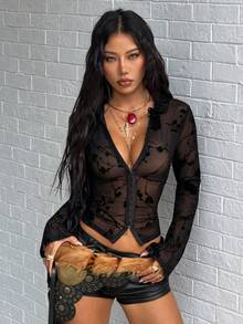 Flirla Women's Fashionable Sexy Flocked Floral Mesh Blouse - Black - View 6