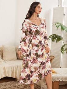 Serenescape Plant Leaf Print V-Neck Flare Sleeve Cinched Waist Women Nightgown - Multicolor - View 4