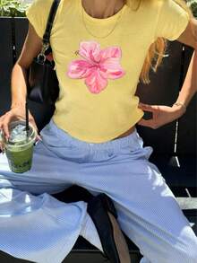 2026 Women's Crew Neck Floral Print Fitted T-Shirt - Yellow - View 4