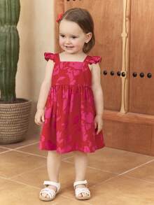 SHEIN 女婴纯色花卉荷叶边休闲方领连衣裙 - 彩色 - 查看 5