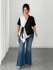 Elenzga Plus Size Casual Pleated Tie-Up Patchwork Fashion Shirt Women Blouses Elegant Black And White Blouse Black And White Shirt Wrap Tops For Women Business Casual Tops Woman - Black and White - View 6