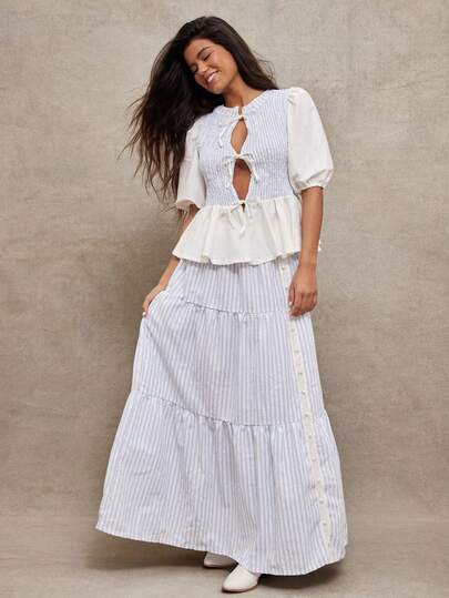 WESTFADE Mix Media 100% Cotton & Textured Stripe High Waist Button Front Tiered Midi Skirt Cute Fall Skirt For Women Country Concert, Winter, Spring, Resort, Valentine's Day, Casual, Cute, Boho, Western Wear For Women, Nashville, Vacation