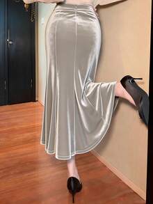 DAZY Chân váy chữ A màu trơn, kiểu dáng thường ngày, thích hợp cho mùa thu, dự tiệc cưới. - Màu be - Xem 2