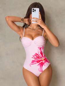 Shapewave Women's Summer Beach Floral Print Spaghetti Strap Ruched Front High Elasticity Shapewear Criss-Cross Back Casual Vacation One Piece Swimsuit - Pink - View 5