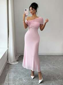 Modelyn Đầm nữ thanh lịch, tối giản, màu hồng lưới, trễ vai, họa tiết hoa, thích hợp cho các buổi hẹn hò và ngày lễ. - Hồng - Xem 6