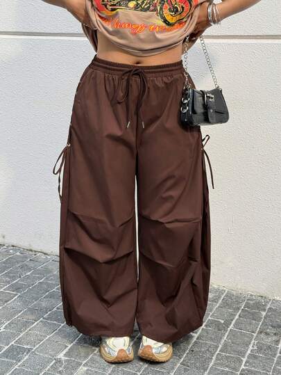 Muchica 2026 Spring/Summer New Casual Outgoing Daily Wear Party Date Birthday Music Festival Back To School Commute Vacation Carnival New Year High Street Streetwear Multi-Occasion Elastic Waistband Side Tie Adjustable Loose Adjustable Hem Cargo Pants, Khaki, Plus Size