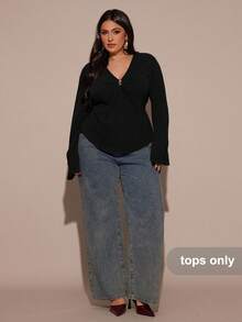 SHEIN BAE Plus Size Women V-Neck Ruched Long Sleeve Top, Autumn/Winter Fall - Black - View 4