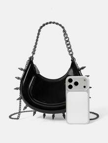 ROMWE Grunge Punk 1pc Women's Punk Studded Spike Handbag Chain Shoulder Crossbody Jelly Bag - Black c - View 4