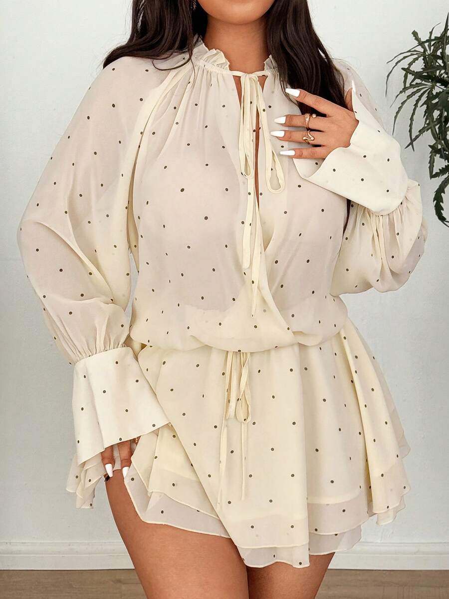 Vionelle Đầm thanh lịch dành cho nữ cỡ lớn, in chấm bi, viền bèo nhún, cổ buộc dây, tay raglan. - Màu be - Xem 1