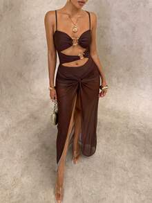 Glamine 纯色性感镂空沙滩长裙 - 棕色 - 查看 7