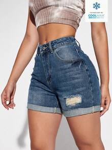 Rivivi 夏季休闲水洗做旧牛仔短裤 - 深色水洗藍 - 查看 4