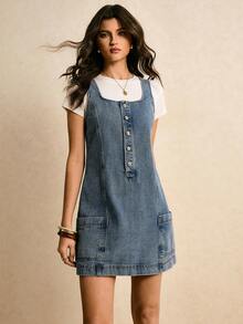 Poéselle 女士休闲无袖牛仔连衣裙，带双口袋，夏季 - 中等水洗藍 - 查看 4
