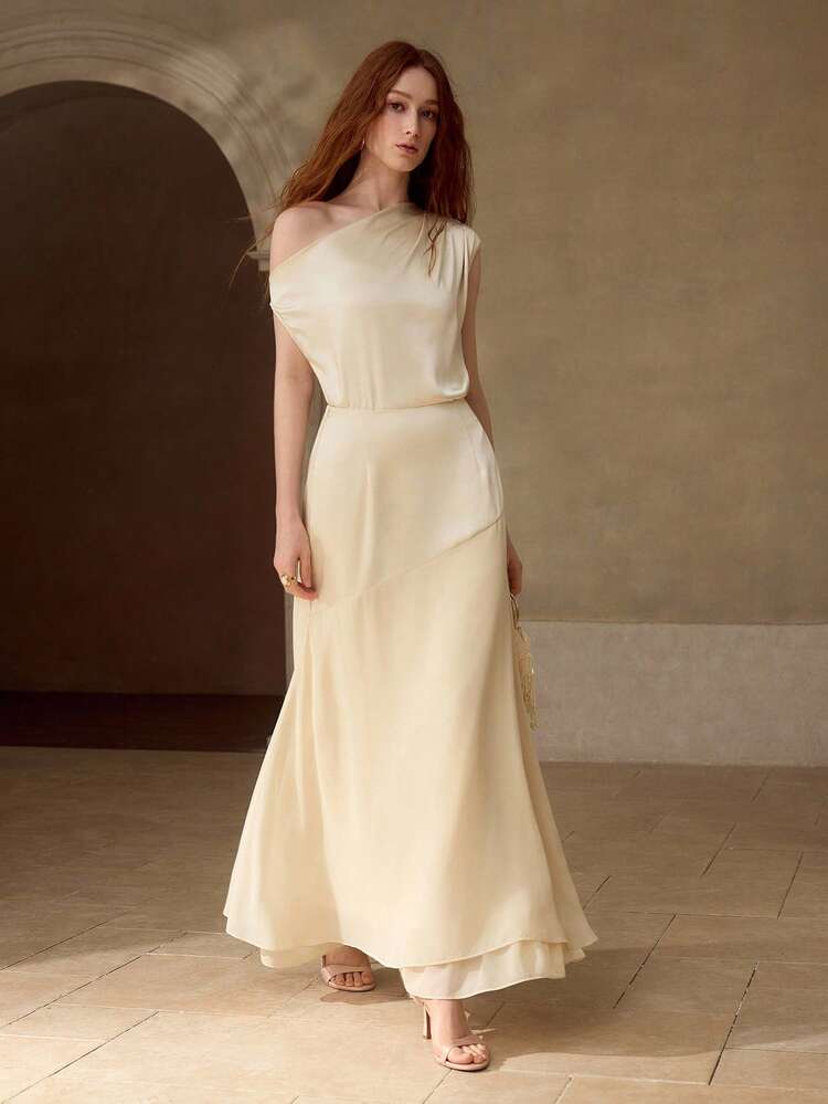SPRING/SUMMER SATIN ASYMMETRICAL NECK TOP & BIAS CUT SKIRT SET