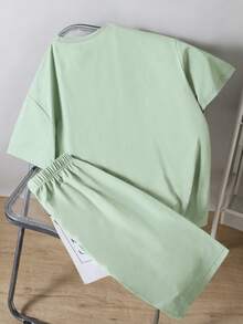 Mirajuku 2pcs Teenage Boys' Mint Green Casual Vacation Fashion Sports Short Sleeve T-Shirt And Shorts Set, 3D Letter Print Minimalist Sports Outfit, Summer