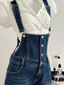 Elamini Y2K Fashion Casual Retro Button Cuff Denim Bib Shorts - Medium Wash - View 5