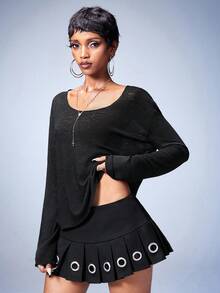 Y2Kool Áo thun nữ tay dài cổ tròn dáng rộng, gợi cảm, phong cách đường phố Y2K, phù hợp cho mùa thu, đông, xuân, hè và các buổi tiệc. - màu đen - Xem 3