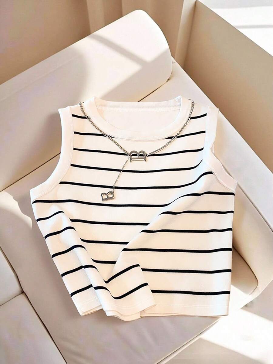 SHEIN PETITE 女士条纹圆领休闲百搭背心,春夏新品 - 彩色 - 查看 1