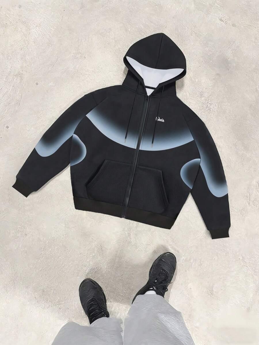 Manfinity Dauomo 男士户外服饰,秋季新品系列,街头时尚摄影,男士必备单品,图案设计,条纹印花,黑色,秋季夹克,秋冬季,户外节日及约会,百搭运动风,连帽拉链卫衣 - 黑色 - 查看 1