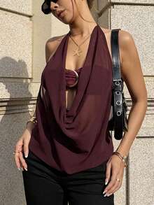 Almamuse Áo kiểu nữ thời trang, thoải mái, có chi tiết khoét lỗ, đính vòng trang trí, cổ áo xếp ly và dây buộc phía trước, chất liệu vải voan mỏng, thích hợp cho mùa hè. - Màu Đỏ Sâu - Xem 3