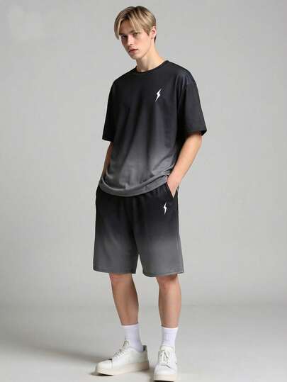 Vacaura 2件套青少年男童休闲渐变印花撞色T恤套装，适合日常通勤、休闲和上学穿着