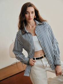 Anewsta Áo sơ mi nữ tay dài kẻ sọc thanh lịch mùa thu/đông mới, kiểu dáng sang trọng, thích hợp mặc đi làm hoặc đi làm. - Xanh đậm - Xem 3