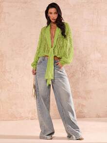 SHEIN Glamour Áo kiểu nữ tay dài ren xuyên thấu màu xanh lá chanh, áo kiểu buộc dây phía trước, kiểu dáng thường ngày cho kỳ nghỉ năm 2026. - màu xanh lá - Xem 6