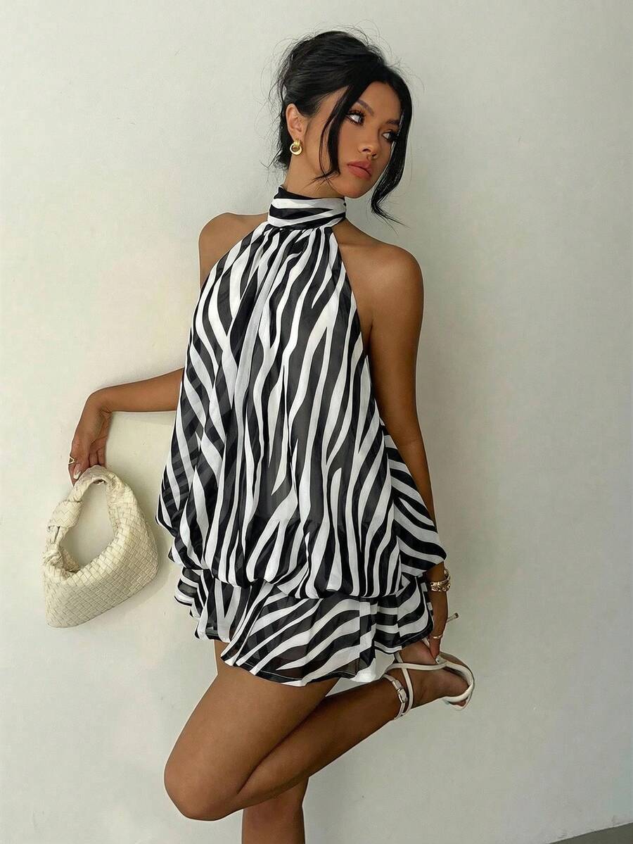 Aloruh 女士优雅浅黄色吊带系带迷你连衣裙