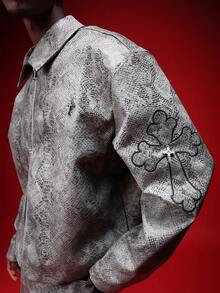 SUMWON Cropped Harrington Snake Print PU Leather Jacket With Cross Applique For Streetwear Urban Style - Grey - View 4