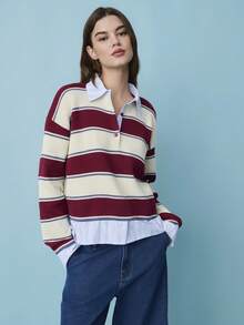 Nöista 休闲宽松版型 Polo 衫，带内衬衬衫，半拉链插肩长袖 - 酒紅色 - 查看 6