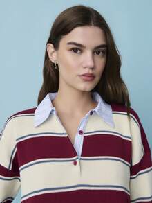 Nöista 休闲宽松版型 Polo 衫，带内衬衬衫，半拉链插肩长袖 - 酒紅色 - 查看 4