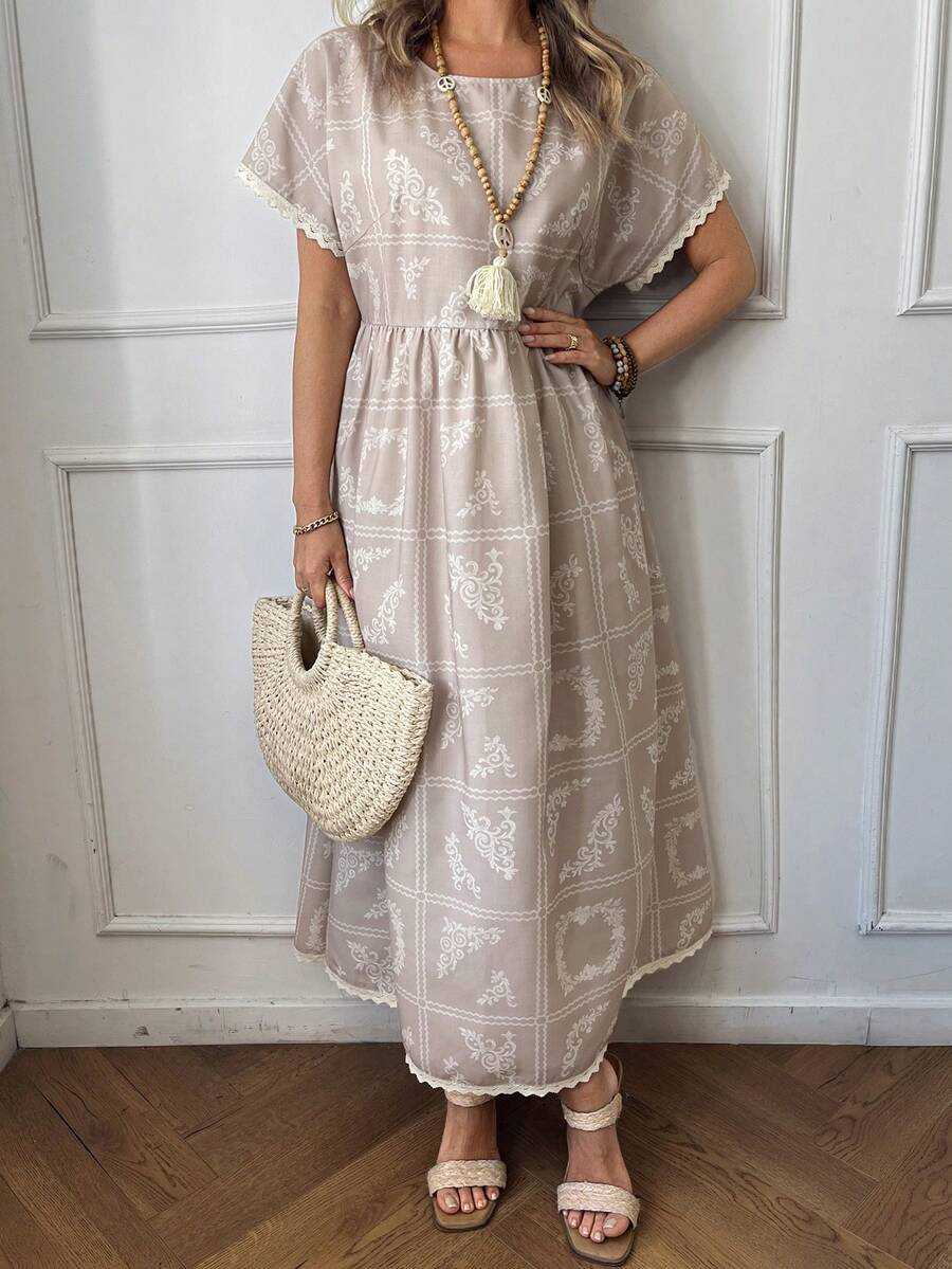 Livesso 女士圆领蕾丝拼接腰部印花中长连衣裙 - 杏色 - 查看 1