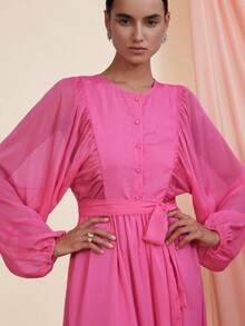 BELROSIE Vestido largo de manga farol de gasa brillante con cuello redondo versátil, lazo y botones, de manga larga y fluido, color rosa, para otoño/invierno - Rosa - Ver 1