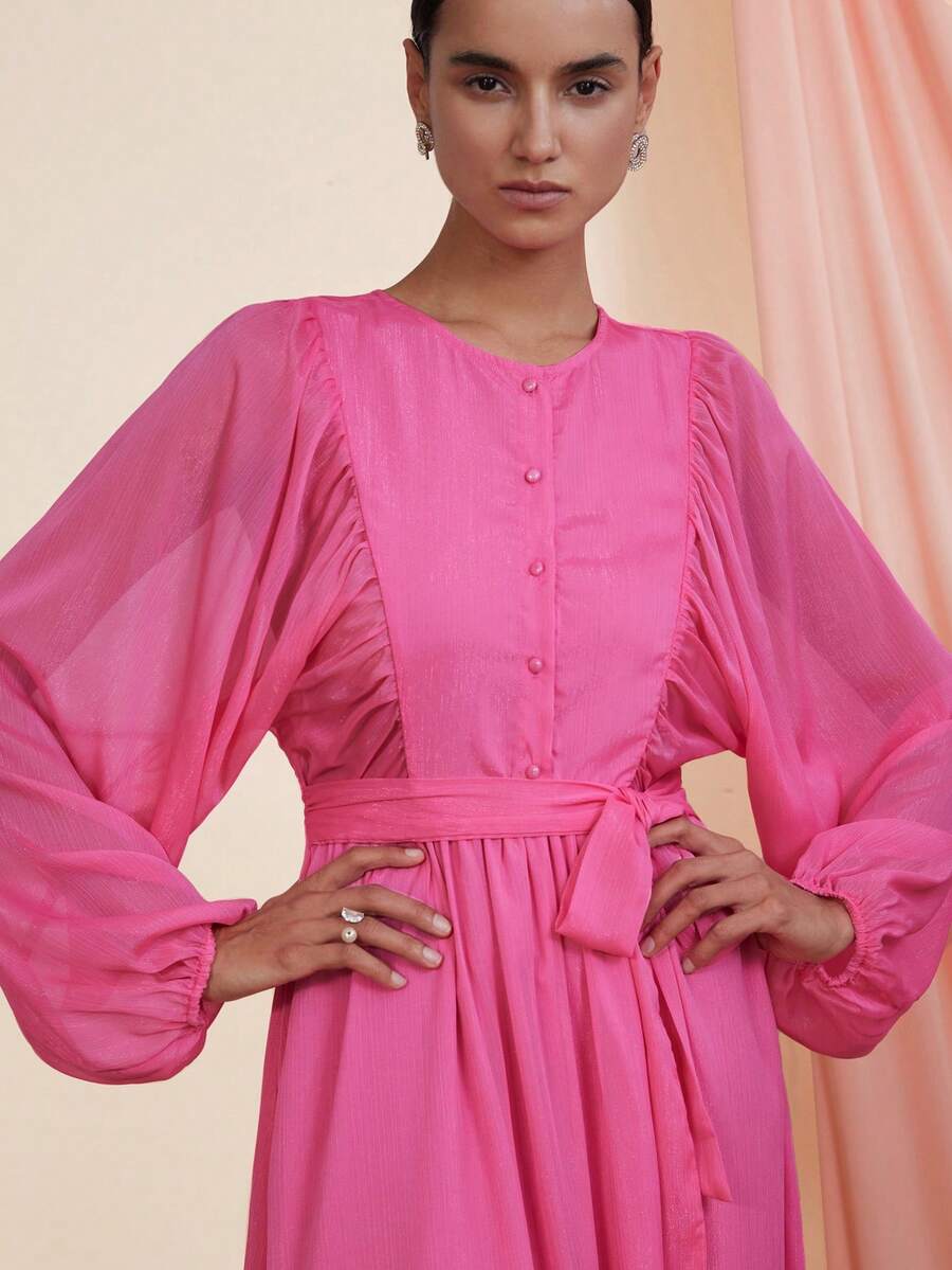 BELROSIE Vestido largo de manga farol de gasa brillante con cuello redondo versátil, lazo y botones, de manga larga y fluido, color rosa, para otoño/invierno - Rosa - Ver 1
