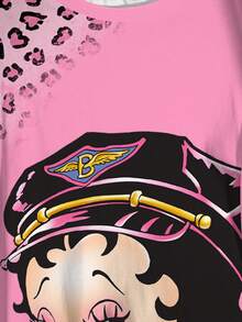 Betty Boop x SHEIN 大码女式休闲时尚街头风卡通人物豹纹宽松短袖T恤，夏季 - 白色 - 查看 6