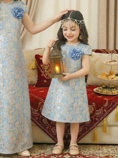 1pc Girls Summer New Round Neck Cap Sleeve Elegant Jacquard Fabric A-Line Dress With Blue Teardrop Floral Decor, Versatile Casual Formal Dress For Party, Birthday