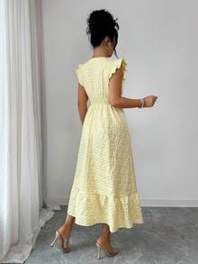 Elenzga 女士优雅纹理V领收腰A字长连衣裙，泡泡袖，浅黄色，春夏款 - 黃色 - 查看 2