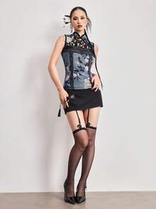 ROMWE Avant Retro New Chinese Style Garden Window Flower Design Floral Print Mandarin Collar Women Tank Top - Blue - View 6