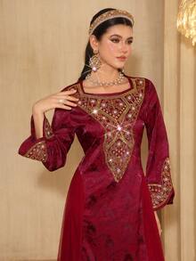 Layrah Spring/Summer Square Neck Elegant Beaded Floral Lace Flare Sleeve Waist Slimming Flowy Dress For Evening Party - Burgundy - View 3