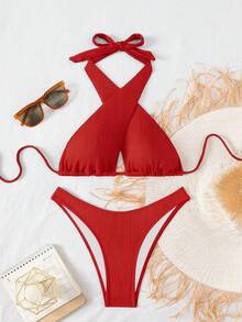 Swim SXY 2 bộ đồ bơi mùa hè dành cho nữ, màu trơn, kiểu buộc dây phía sau, chất liệu dệt kim. - Đỏ - Xem 3