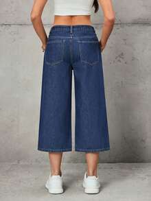 SHEIN Tall Women's Fashion Casual Wide Leg Mid-Rise Jeans - Dark Wash - View 2