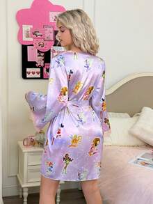 The Winx X SHEIN Women's Comfortable Contrast Lace Allover Print Robe, Autumn - Multicolor - View 2