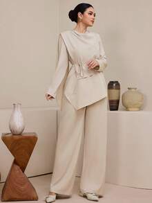 Graceveil 女士新款优雅端庄通勤日常套装，垂坠式缎带可拆卸腰带不对称下摆阿拉伯风格套装 - 卡其色 - 查看 6