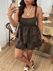 Weeklong Plus Size Women Casual Sleeveless Ruffle Trim Top And Pants Two Pieces Suit, Suitable For Vacation And Daily Wear, Spring/Summer - Coffee Brown - View 3
