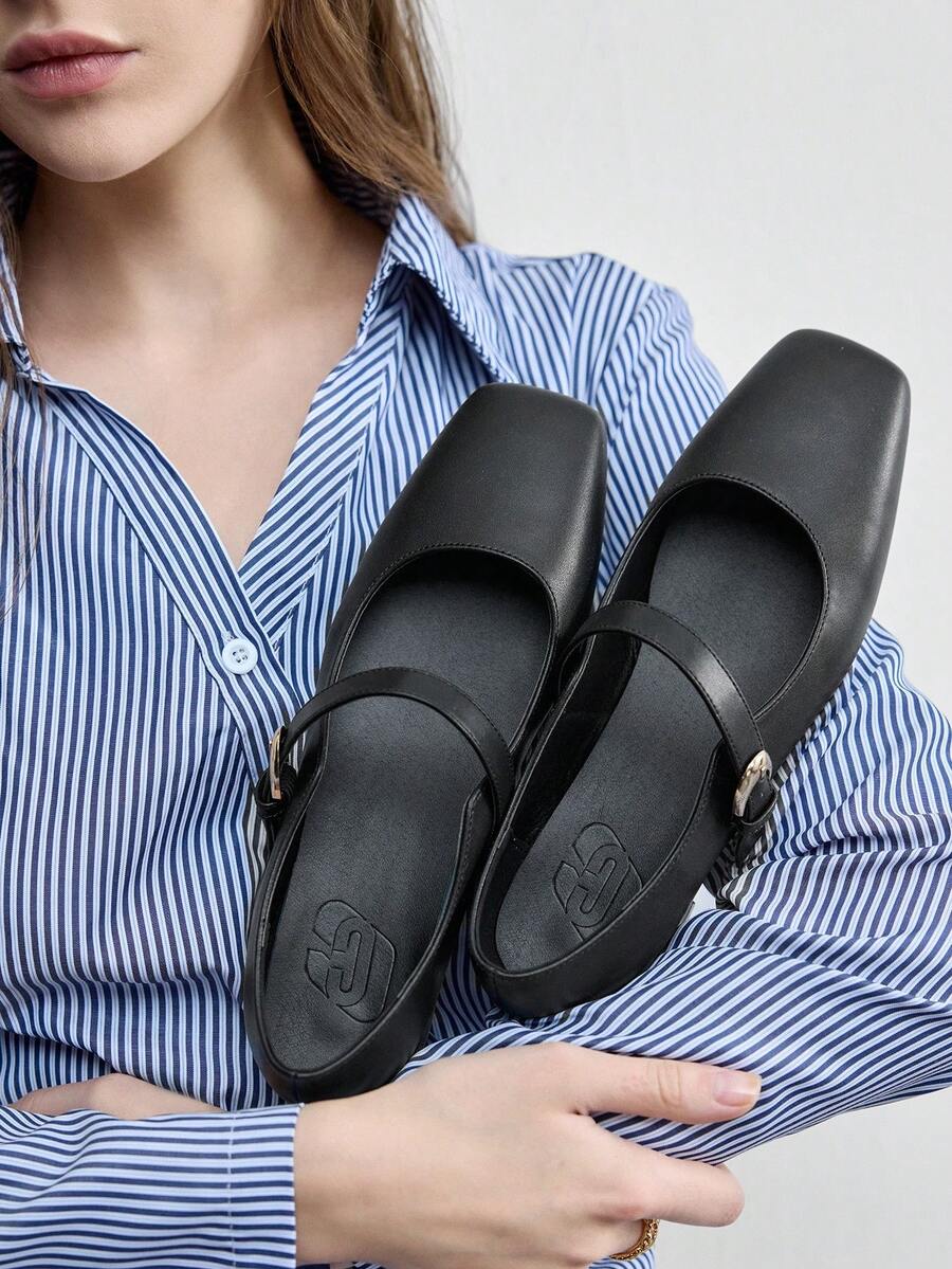 CUCCOO BIZCHIC 女士黑色哑光极简方头低跟玛丽珍鞋，优雅通勤百搭工作鞋 - 黑色 - 查看 1