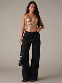 SHEIN BAE Canotta aderente da donna con scollo a V, spalline sottili, collo a canottiera e decorazioni in paillettes, senza schienale - Castano - Visualizzare 3