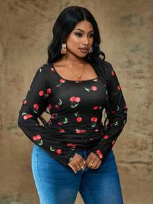 Truni Plus Size Casual Simple Cherry Print Square Neck T-Shirt Autumn And Winter, For Pear & Triangle Body Shape - Multicolor - View 5